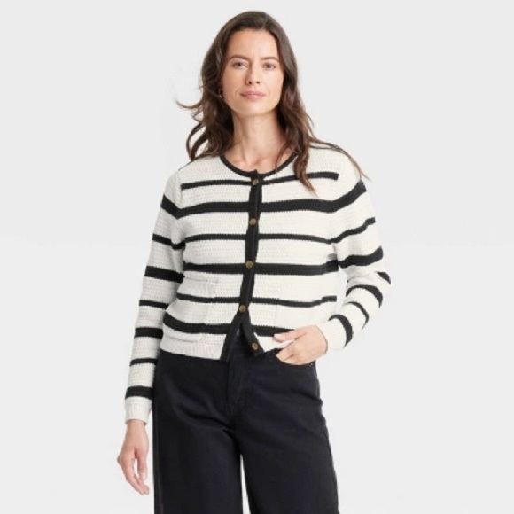 Women's Button-Front Cardigan - Universal Thread™™™ Cream/Black Striped - Picture 1 of 3